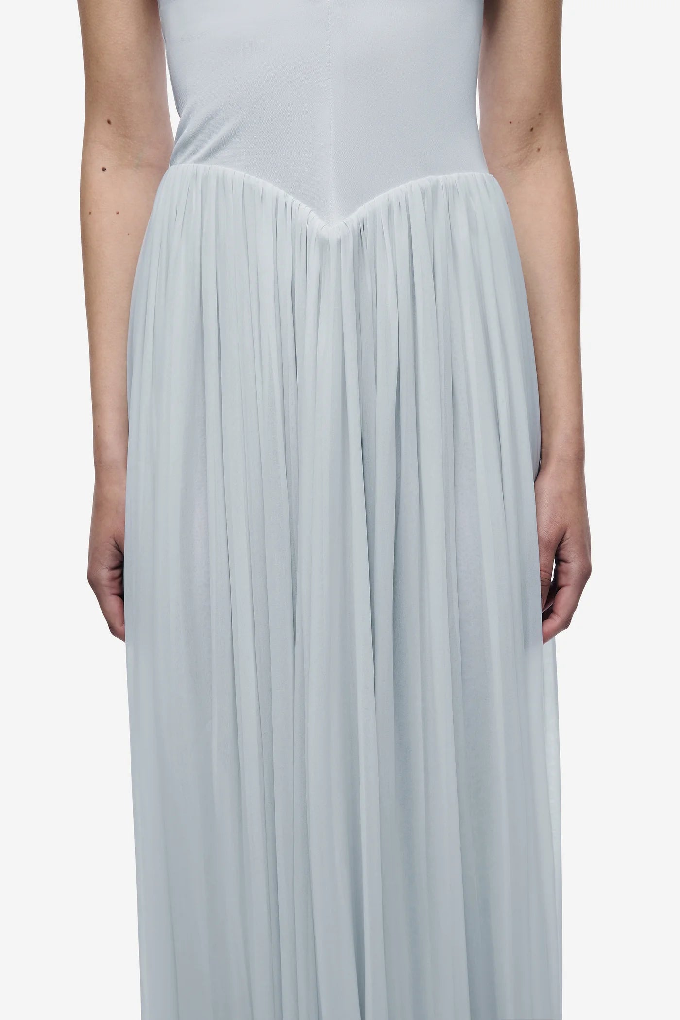 Halter V-Neck Curved-Seam Mesh-Panel Dress