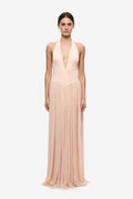Halter V-Neck Curved-Seam Mesh-Panel Dress