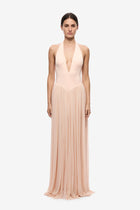 Halter V-Neck Curved-Seam Mesh-Panel Dress
