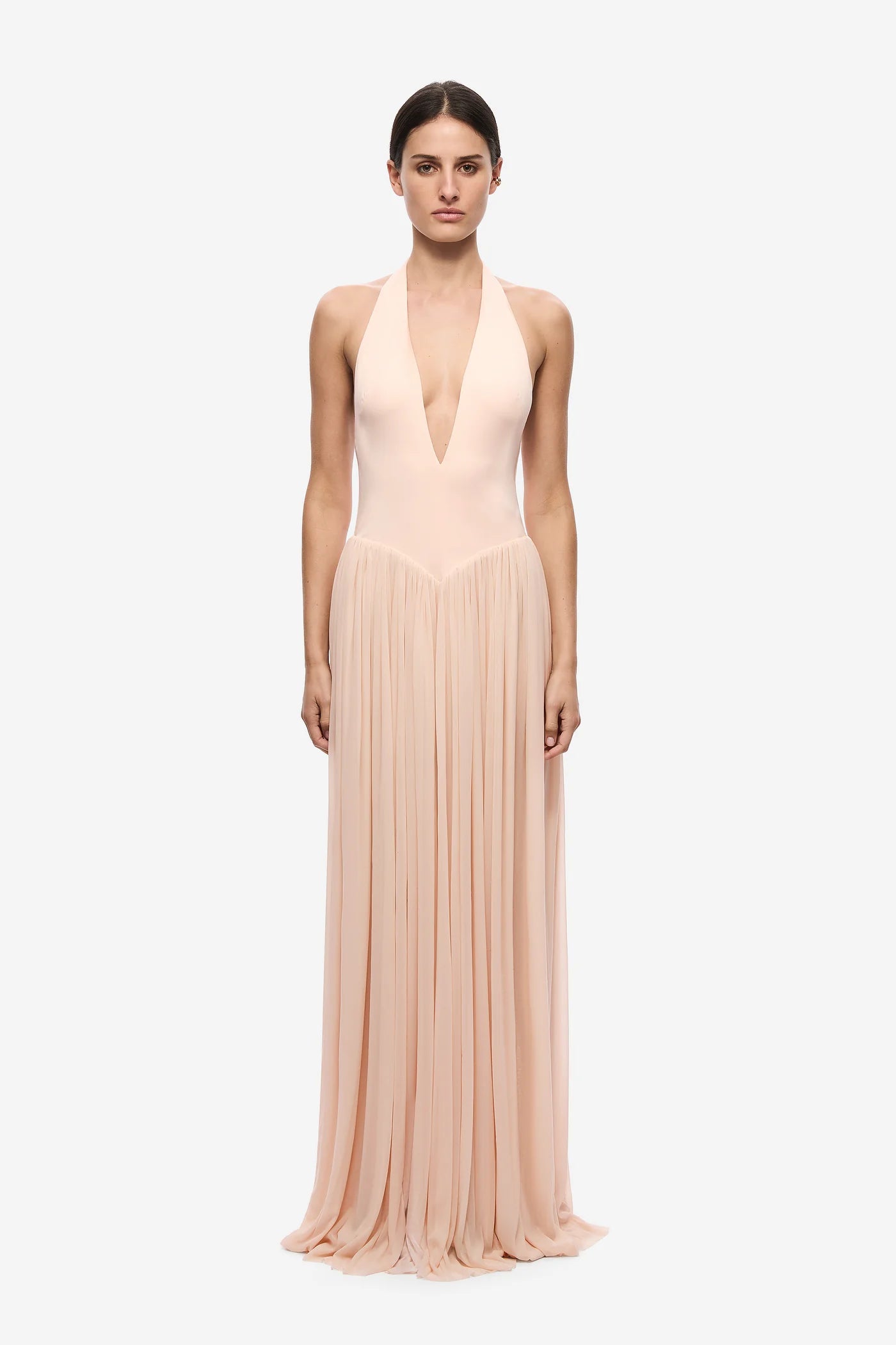 Halter V-Neck Curved-Seam Mesh-Panel Dress