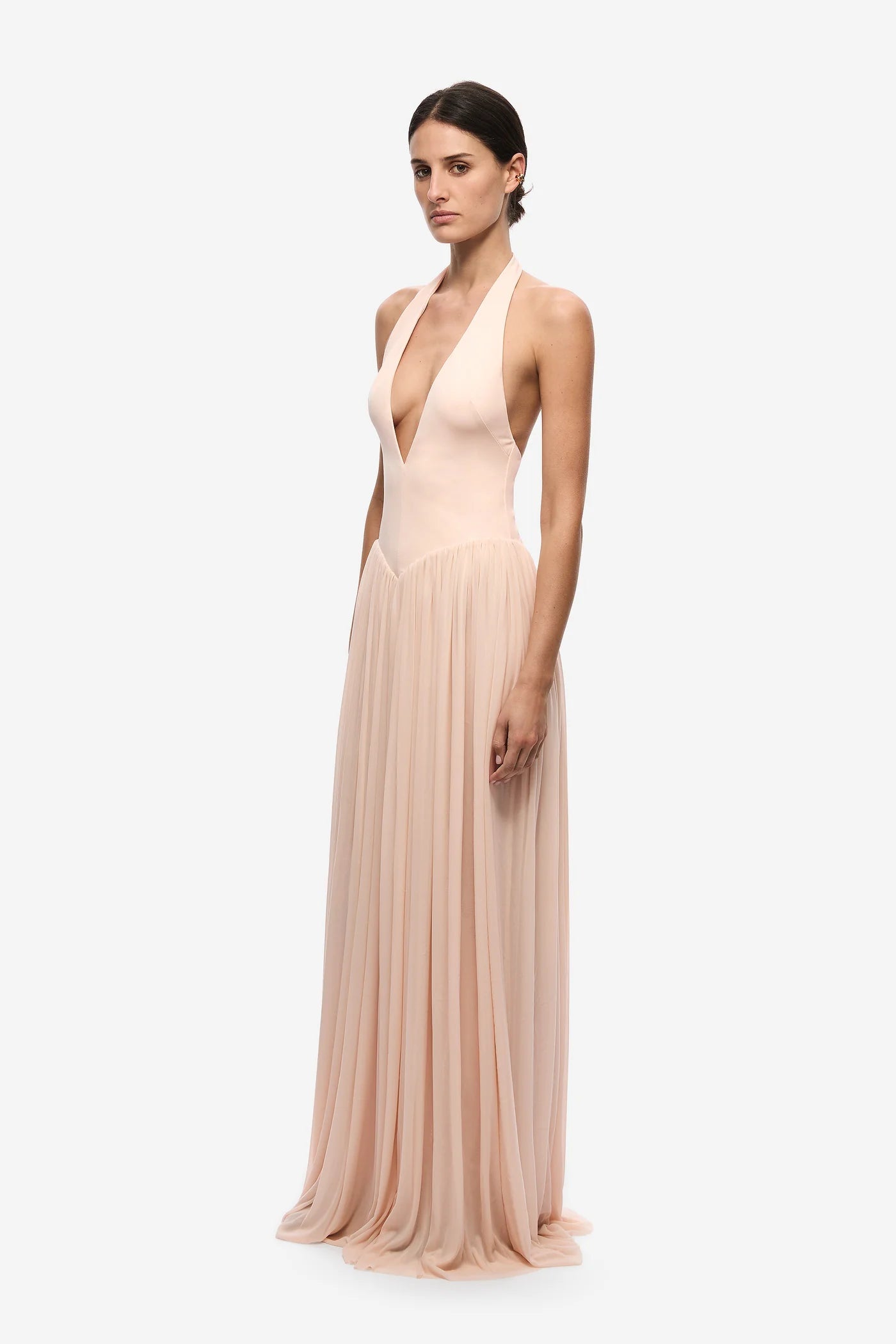 Halter V-Neck Curved-Seam Mesh-Panel Dress