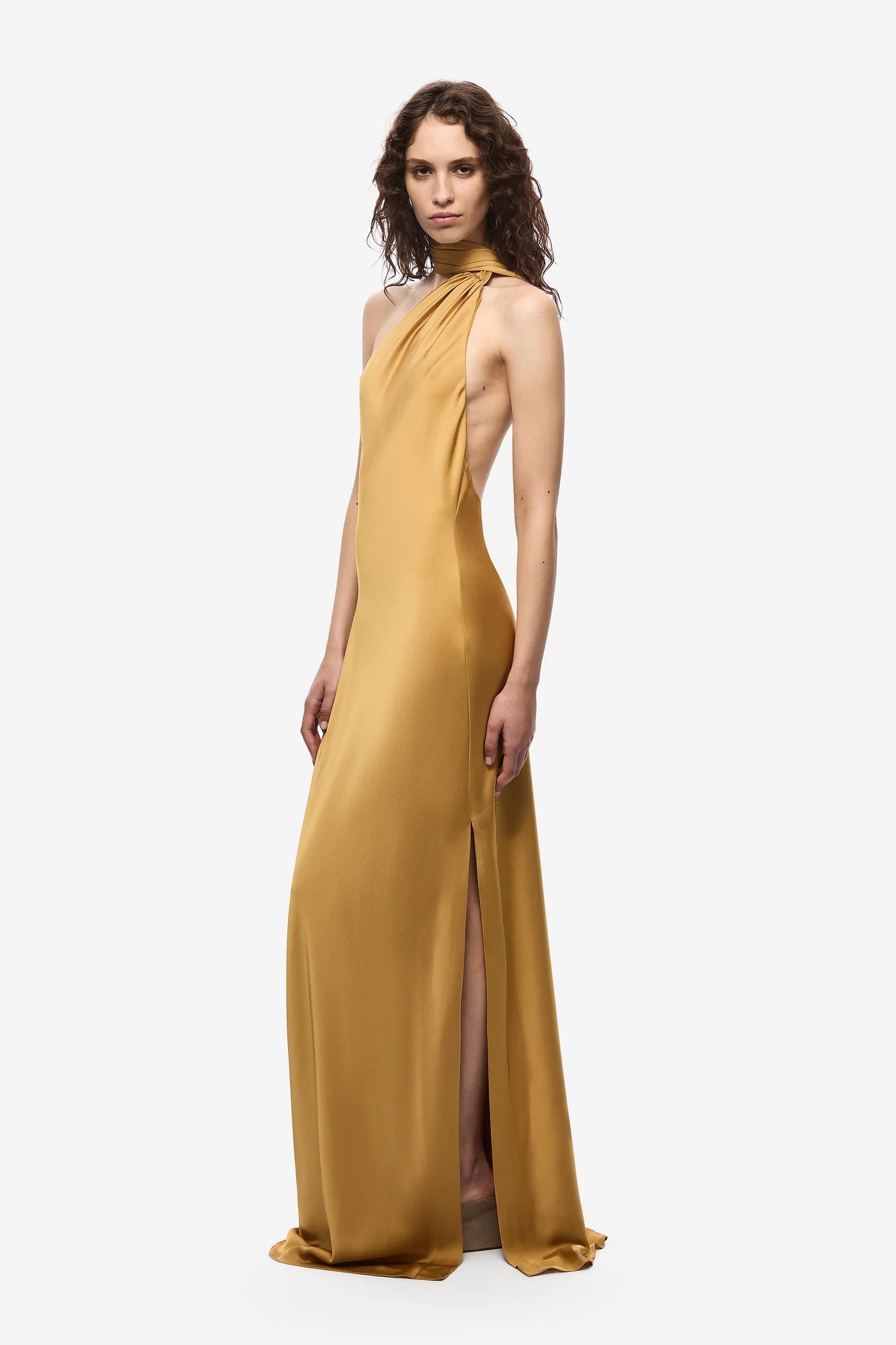One-Shoulder Sash Backless Satin Dress