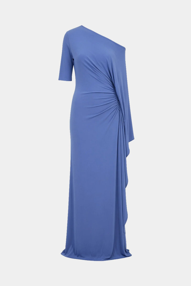 One-Shoulder Asymmetric Long-Sleeve Side-Slit Evening Gown