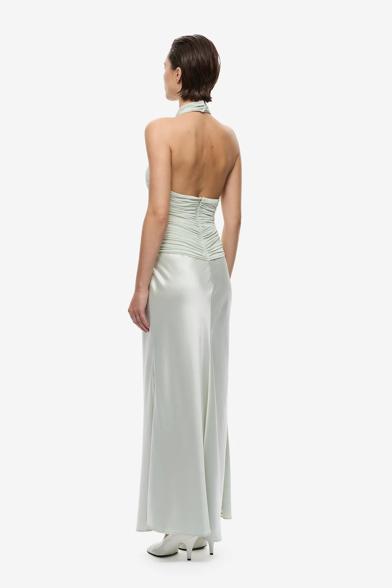 Crisscross Halter Backless Mesh-Panel Satin Dress