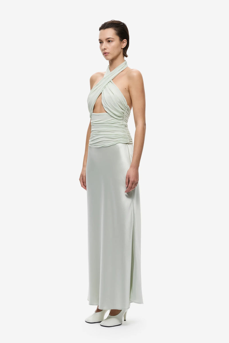 Crisscross Halter Backless Mesh-Panel Satin Dress