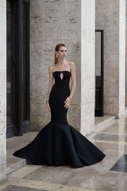 Fitted strapless mermaid cut sable crew long dress