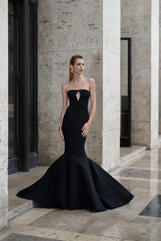 Fitted strapless mermaid cut sable crew long dress