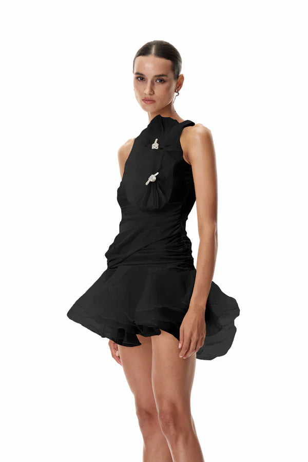 Sleeveless Cutout Mini Dress with 3D Floral Appliqué