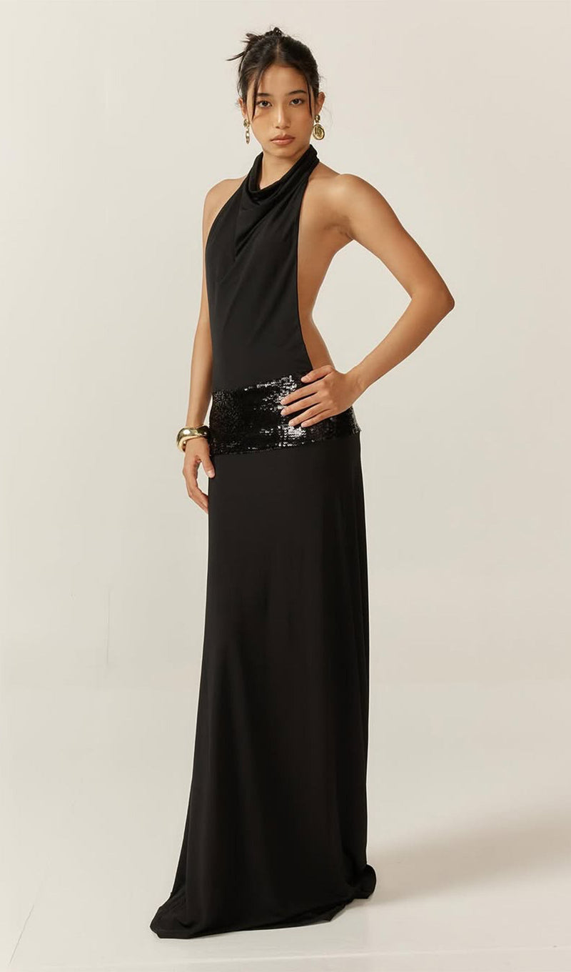 Draped Cowl Neck Open Back Maxi Dress