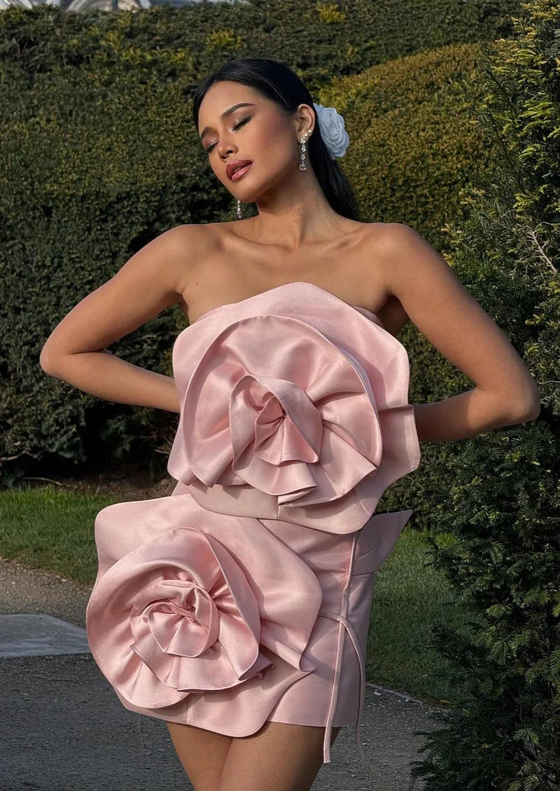 Strapless 3D Flower Mini Dress