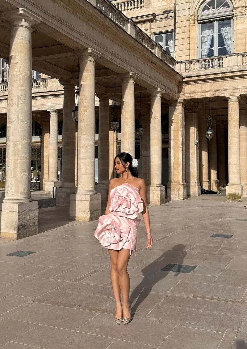 Strapless 3D Flower Mini Dress