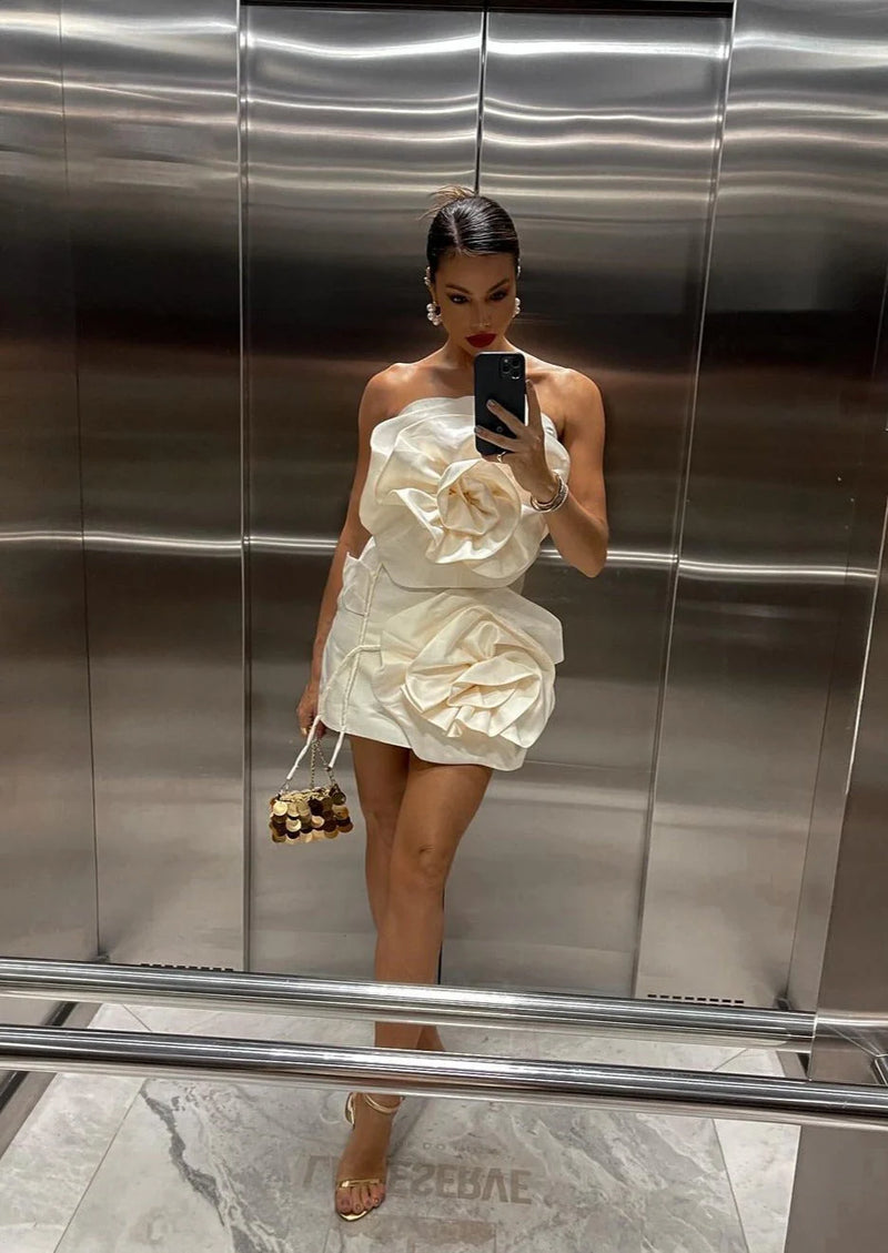 Strapless 3D Flower Mini Dress