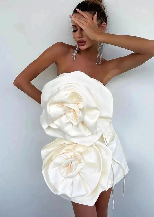 Strapless 3D Flower Mini Dress