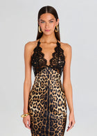 Halter Deep V-Neck Lace and Satin Leopard-Print Splicing Mermaid  Dress