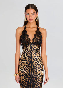 Halter Deep V-Neck Lace and Satin Leopard-Print Splicing Mermaid  Dress