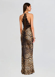 Halter Deep V-Neck Lace and Satin Leopard-Print Splicing Mermaid  Dress