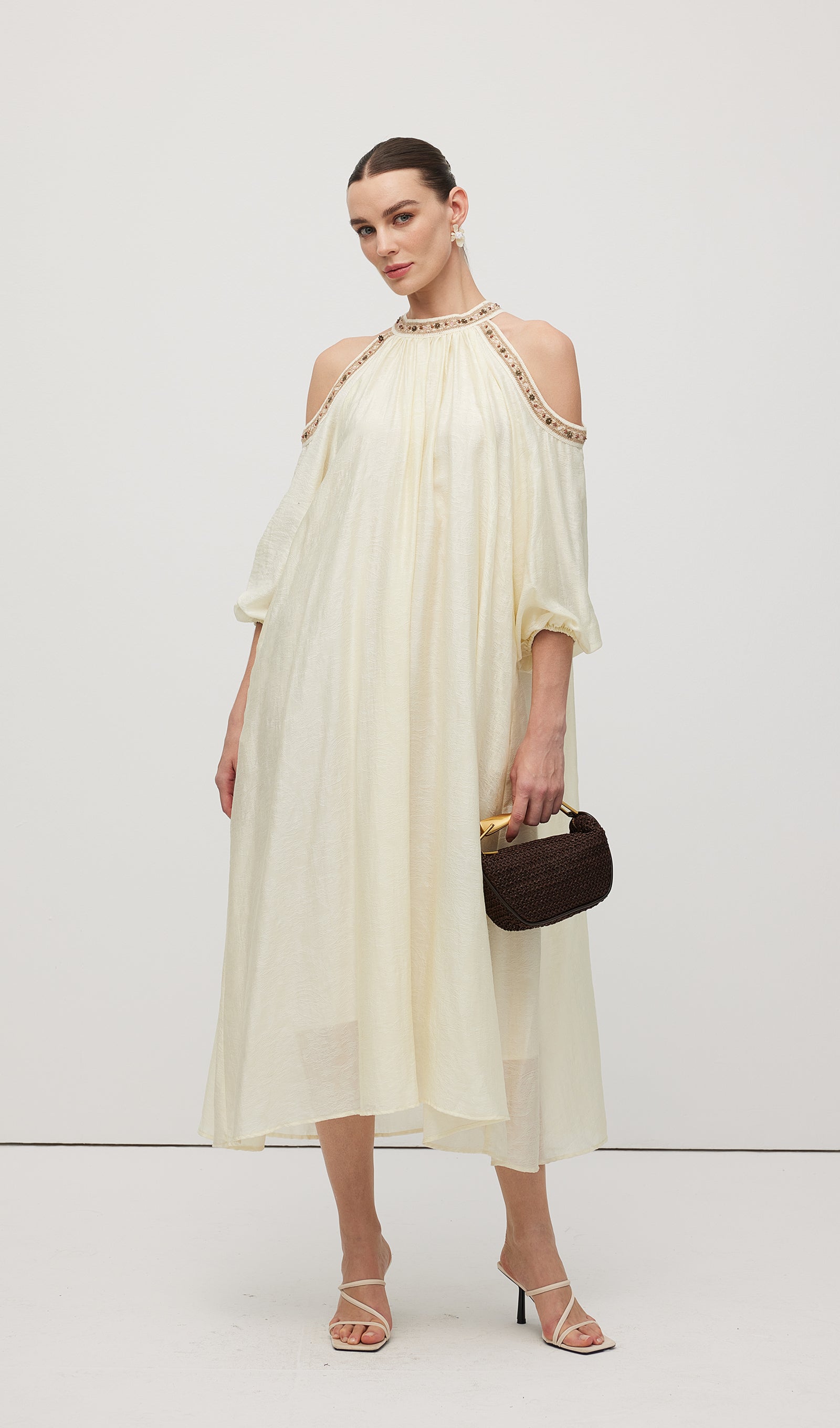 Embroidered Off Shoulder Midi Dress