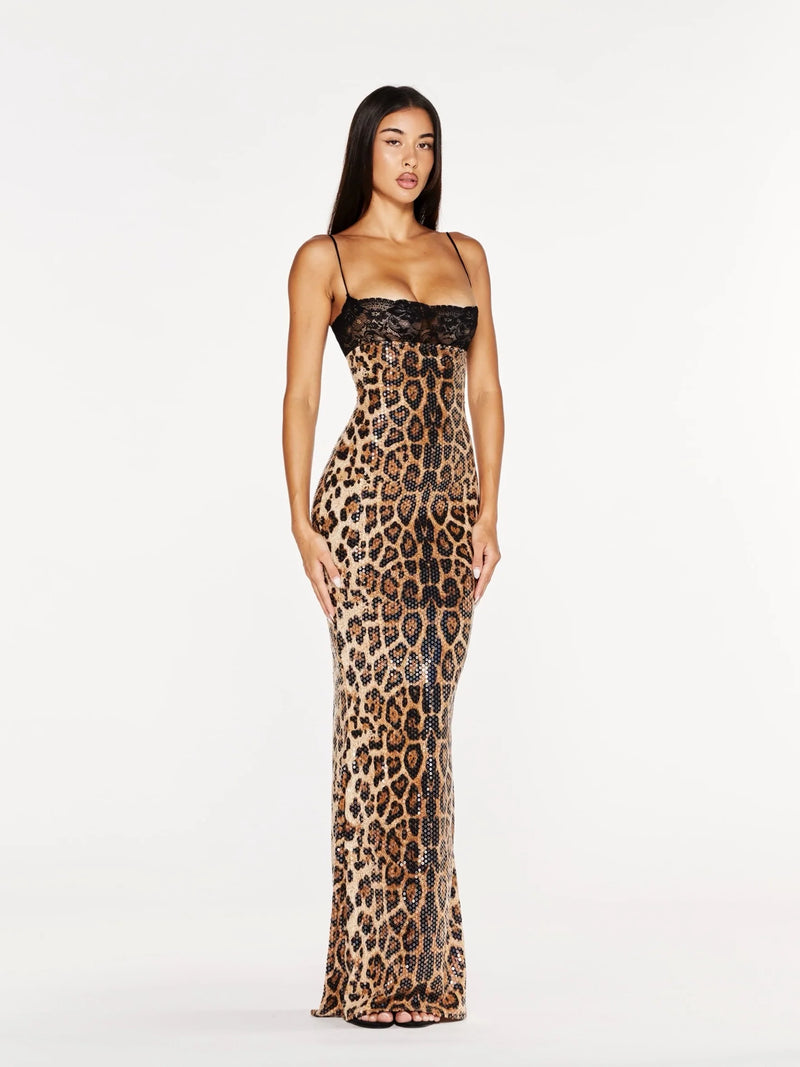 Spaghetti Strap Lace-Trim Sequin Leopard Bodycon Mermaid Dress