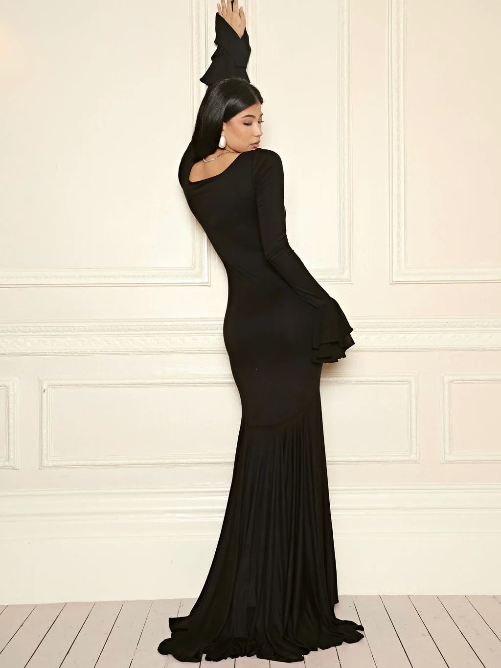 Square Neck Ruffle Long-Sleeve Asymmetrical Hem Maxi Dress