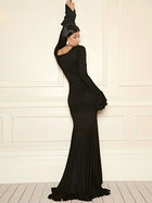 Square Neck Ruffle Long-Sleeve Asymmetrical Hem Maxi Dress