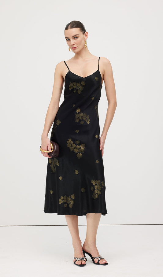 Floral Satin V-Neck Midi Slip Dress
