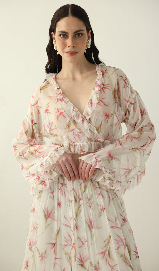 Floral Silk Ruffle Two Piece Sets