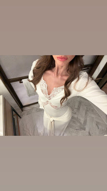 V-Neck Long-Sleeve Lace-Panel Waist-Drape Knit Dress