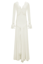 V-Neck Long-Sleeve Lace-Panel Waist-Drape Knit Dress