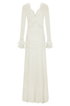 V-Neck Long-Sleeve Lace-Panel Waist-Drape Knit Dress