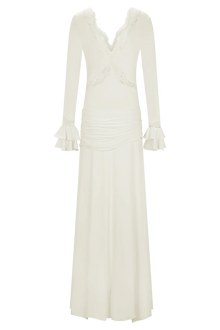 V-Neck Long-Sleeve Lace-Panel Waist-Drape Knit Dress