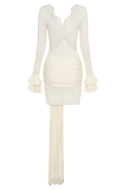 V-Neck Long-Sleeve Lace-Panel Waist-Drape Knit Mini Dress