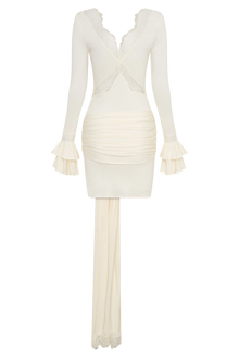 V-Neck Long-Sleeve Lace-Panel Waist-Drape Knit Mini Dress