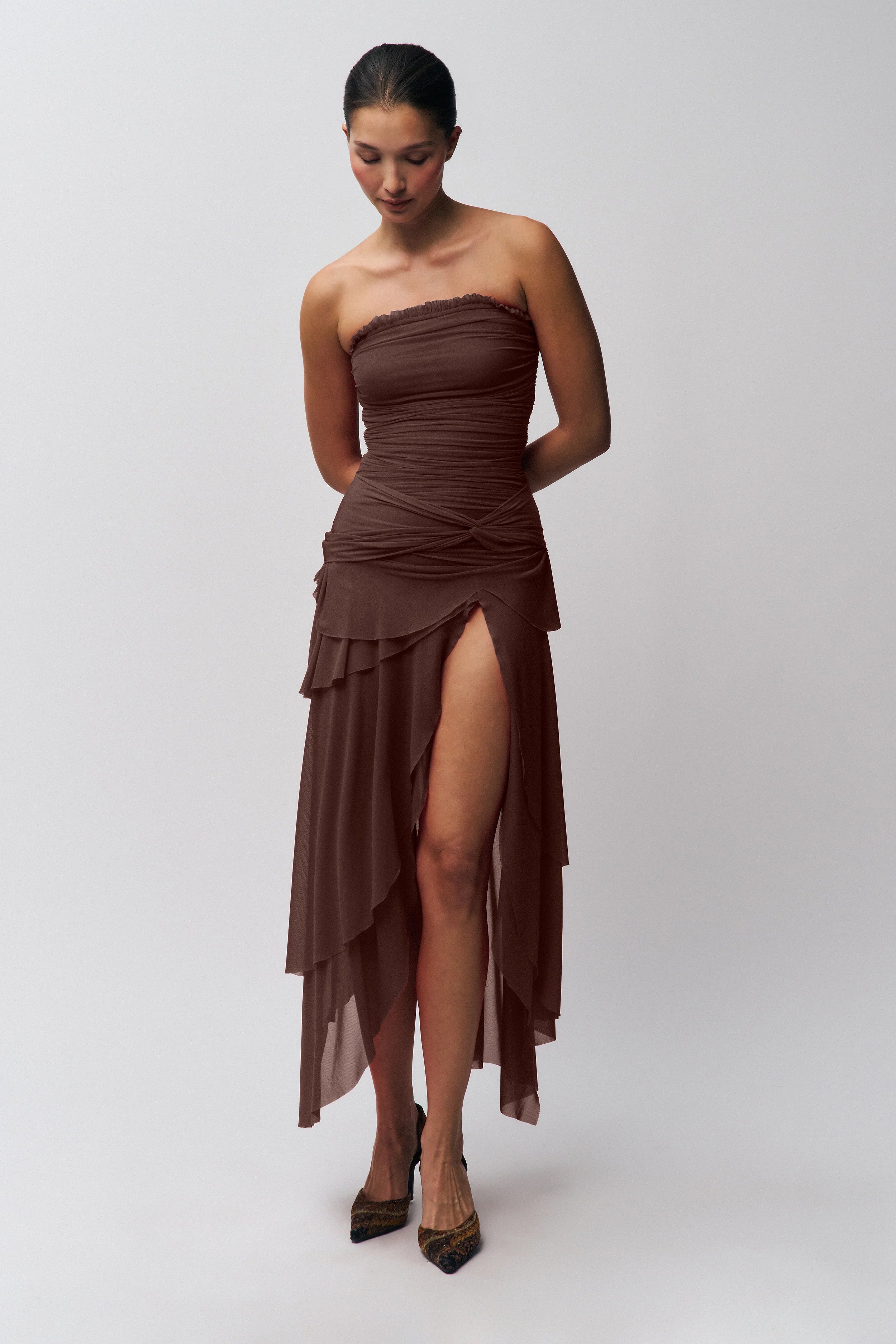 Strapless Waist Twist Front Slit Dress