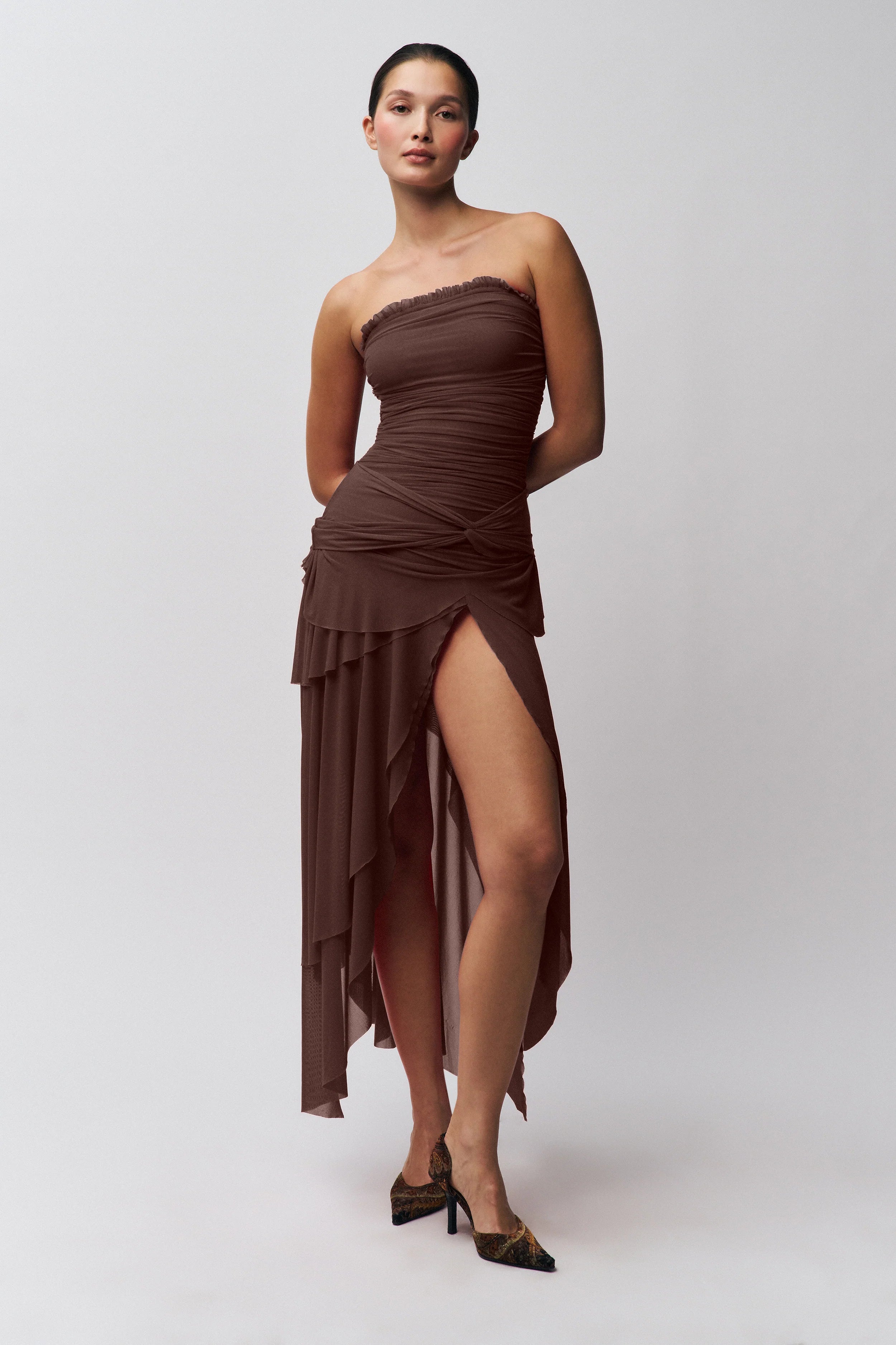 Strapless Waist Twist Front Slit Dress