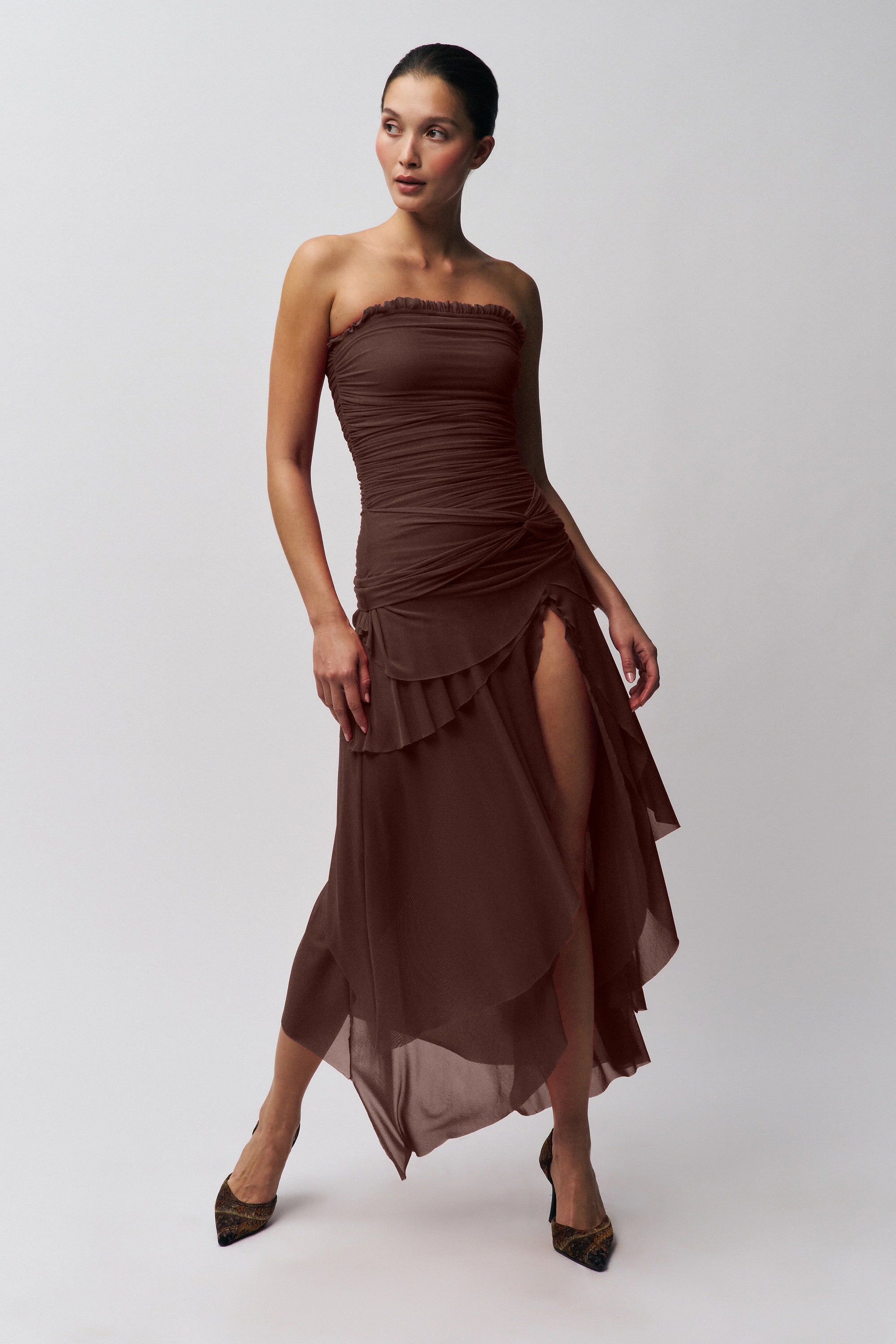 Strapless Waist Twist Front Slit Dress