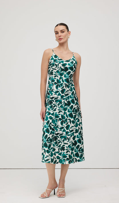 Green Leaf Print Midi Dress
