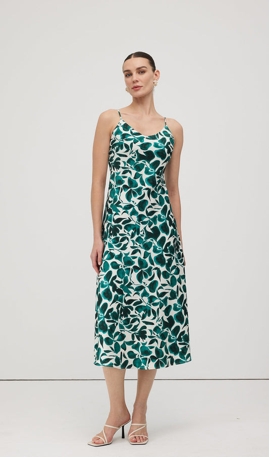 Green Leaf Print Midi Dress