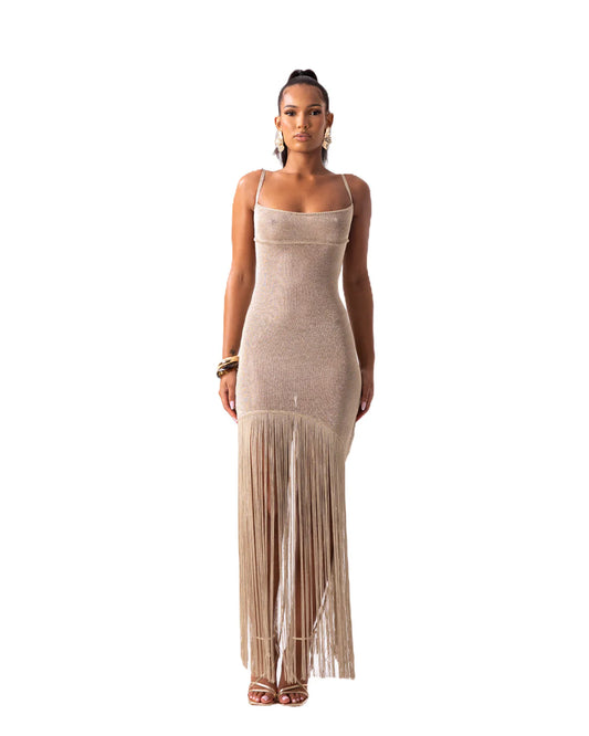 Shimmer Fringe Knit Maxi Dress