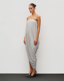 Strapless Draped Side-Slit Wrap Grey Dress