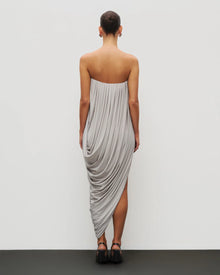 Strapless Draped Side-Slit Wrap Grey Dress