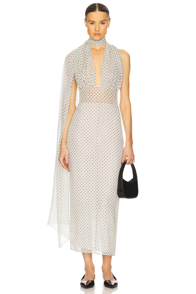 Scarf-Style Deep V-Neck Sleeveless Backless Polka-Dot Chiffon Back-Slit Dress