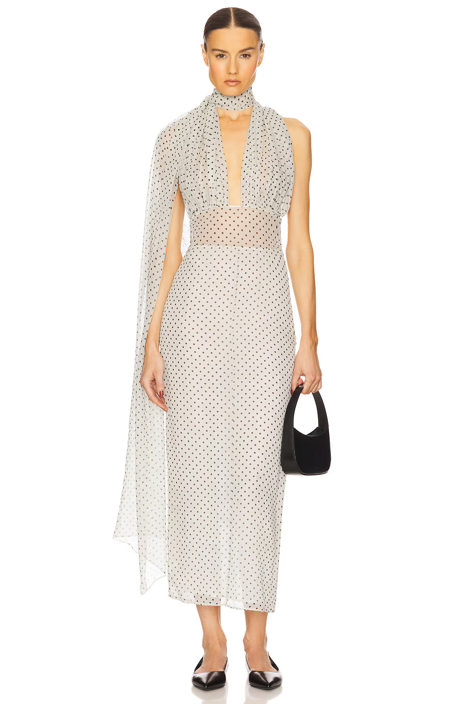 Scarf-Style Deep V-Neck Sleeveless Backless Polka-Dot Chiffon Back-Slit Dress