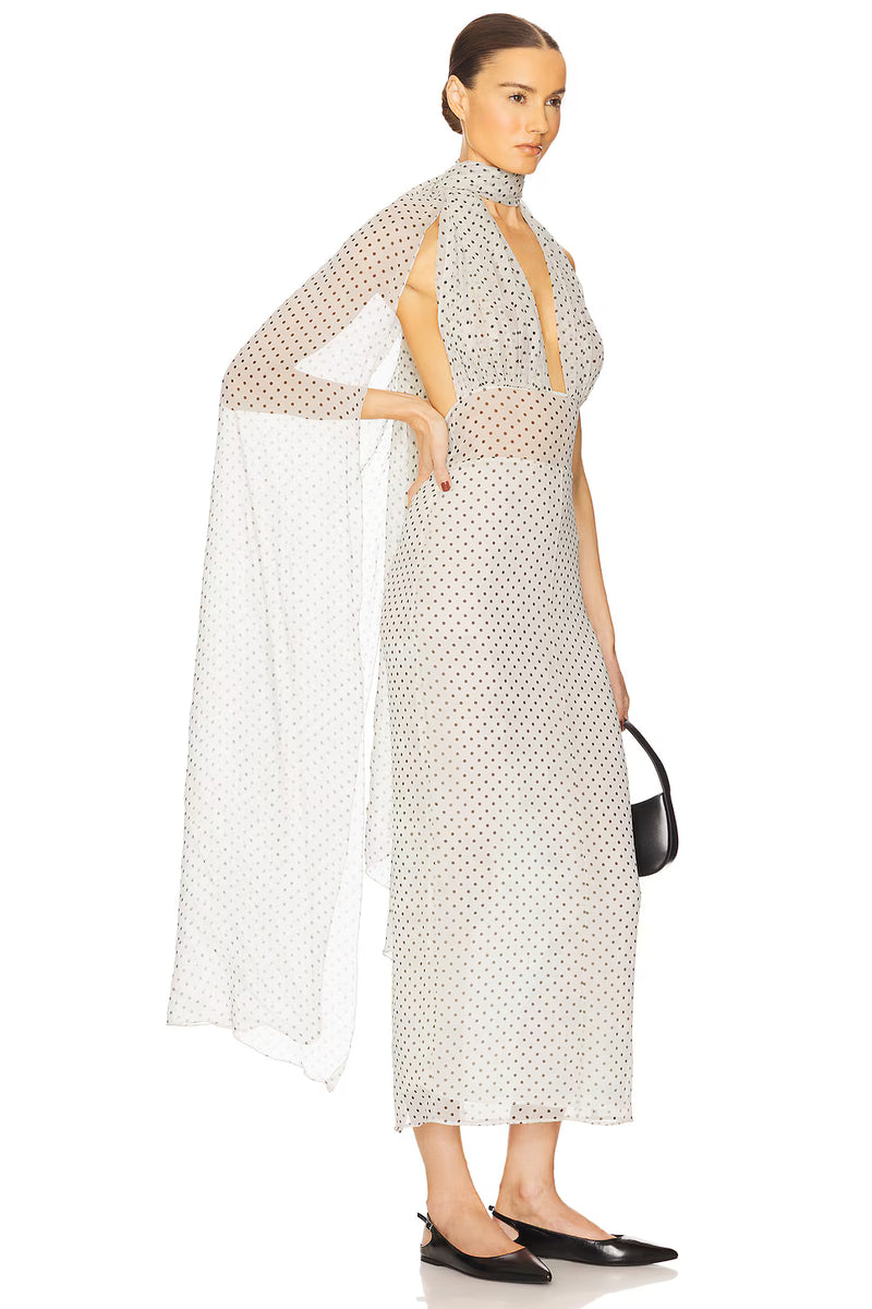 Scarf-Style Deep V-Neck Sleeveless Backless Polka-Dot Chiffon Back-Slit Dress