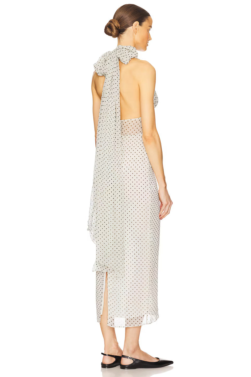 Scarf-Style Deep V-Neck Sleeveless Backless Polka-Dot Chiffon Back-Slit Dress