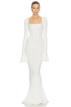 Square-Neck Long-Sleeve Ruffle-Cuff Knit Dress