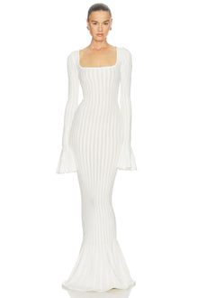Square-Neck Long-Sleeve Ruffle-Cuff Knit Dress