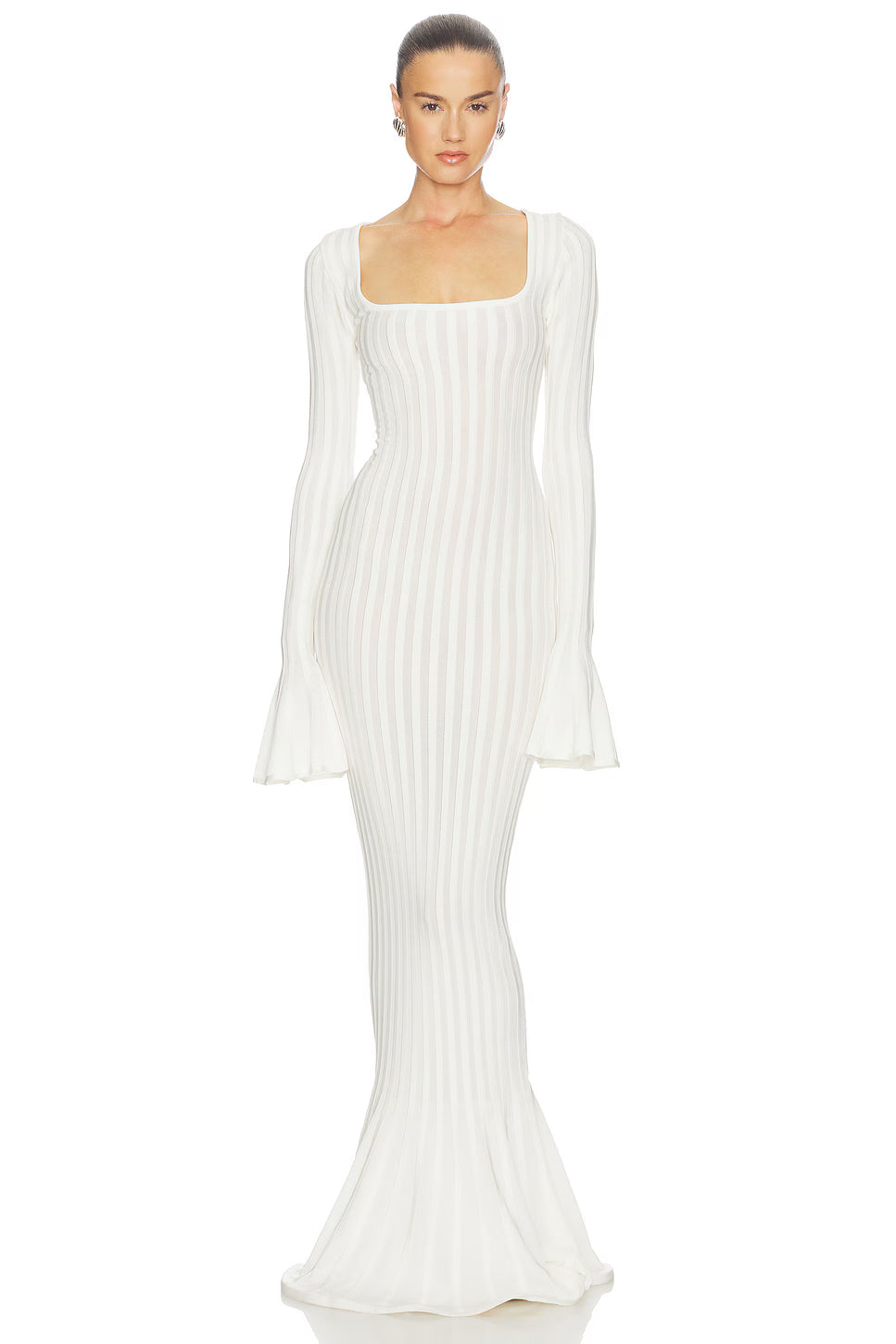 Square-Neck Long-Sleeve Ruffle-Cuff Knit Dress