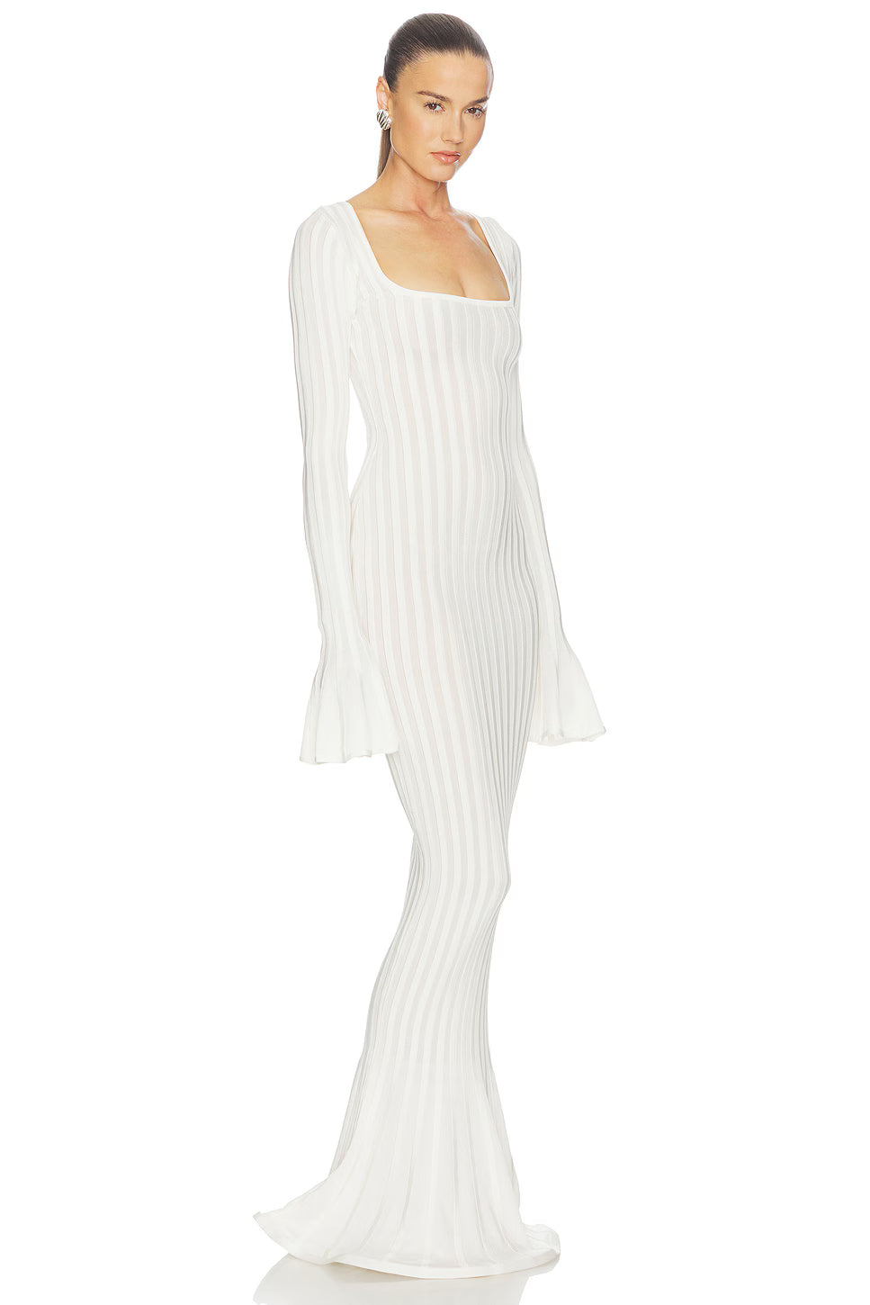 Square-Neck Long-Sleeve Ruffle-Cuff Knit Dress