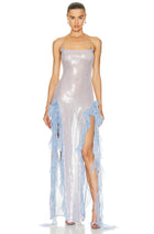 Spaghetti Strap Double-Slit Chiffon Sequin-Panel Dress