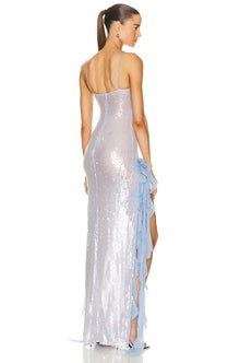 Spaghetti Strap Double-Slit Chiffon Sequin-Panel Dress